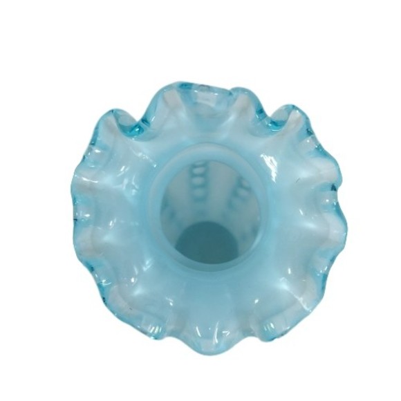 Vtg Fenton Beaded Blue Glass Ruffled Overlay Tulip Jack in the Pulpit Melon Vase - Picture 10 of 10